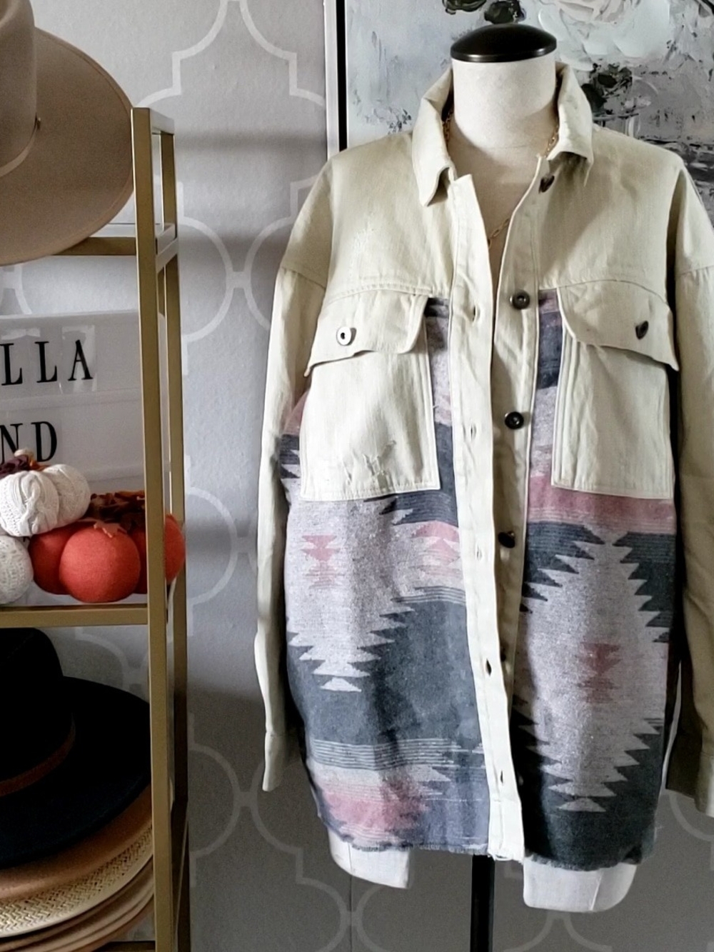 entro Cream Utility Jean Jacket with Aztec Pink & Gray Panels